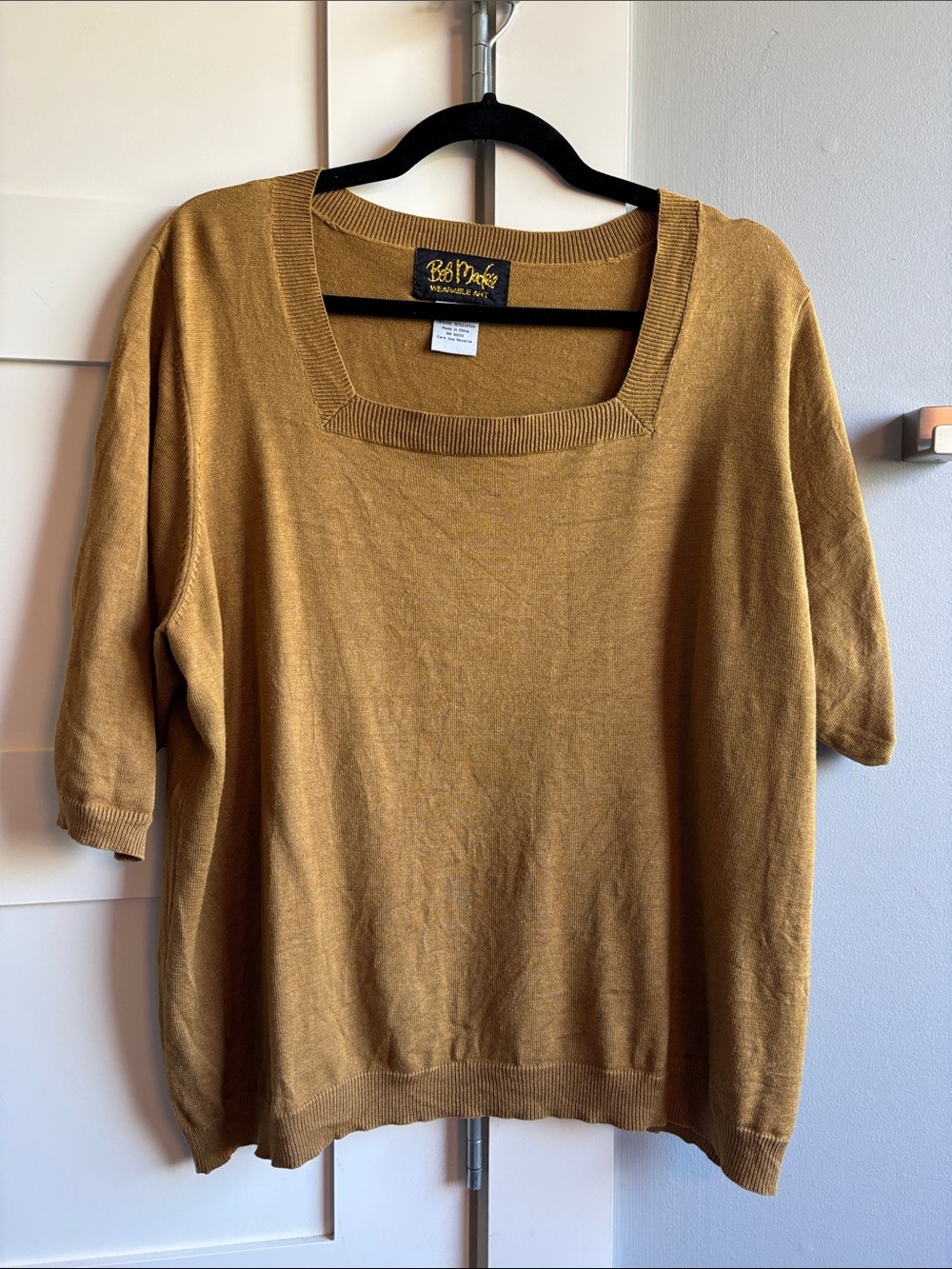 Bob Mackie wearable art 2X silk cotton blend short sleeve sweater gold green